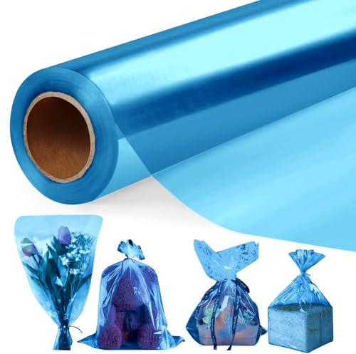 43 CM x 30 M Azul Papel Celofán Transparente, 3 Mil Grosor Celofan Transparente Impermeable Papel de Regalo para Cesta, Acetato para Envolver Regalos, Flores