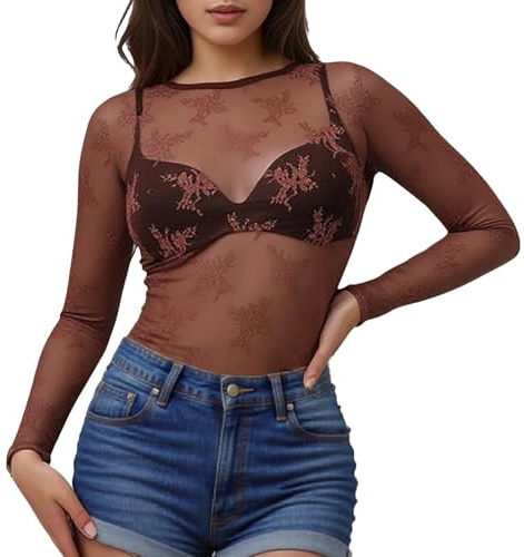 Top de malla para mujer, sexy, parte superior de malla transparente, top de malla negra, manga larga, informal, camiseta de malla, túnica, ropa de club, fiesta, festival de música, marrón, L