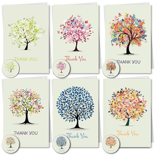 SIMPLY GIFTED Thank You Cards Multipack of 12/24 with Envelopes & Matching Thank You Stickers -6 Tree Designs 10x15cm Blank Inside No-Smudge Writing -Thankyou Cards for Teachers Kids -Made in UK