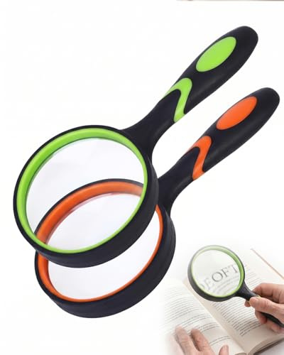 DLPRK Set 2 Lenti di Ingrandimento in Vetro 50 mm e 75 mm con Impugnatura Antiscivolo Nero Arancione Verde per Lettura, Anziani, Bambini, Gioielli e Insetti