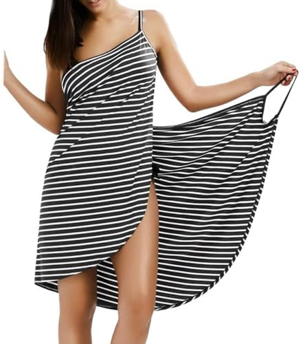 BWOOOWE Robe de Plage Femme Rayée Asymétrique Cachemaillots Paréo Femme Portefeuille Robe Bain Plage Dos Ouvert Coupe Fluide pour Vacances Bord de Mer