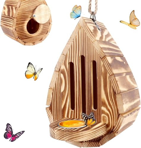 Casa de mariposas para exterior en forma de lágrima de madera hábitat y comedero con cuerda para decoración de jardín (B)
