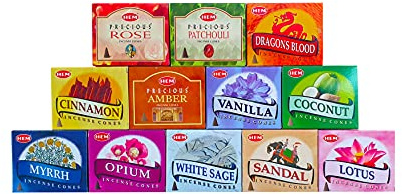 Grenadine Boutique - Assortiment de 12 Cônes d'Encens Hem - Rose, Patchouli, Dragon's Blood, Cannelle, Ambre, Vanille, Coco, Myrrh, Opium, Sauge Blanche, Santal, Lotus