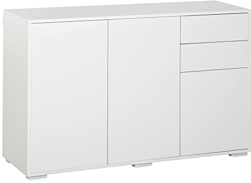 HOMCOM Buffet Meuble de Rangement 2 tiroirs coulissants 3 Portes étagère réglable Panneaux de Particules 117 x 36 x 74 cm Blanc