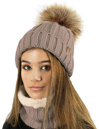 TOSKATOK Dam dam vinter ribbstickad frösöm mössa tofsmössa med varmt mysigt fleecefoder och stor fuskpäls pom pom, Camel Set, en storlek