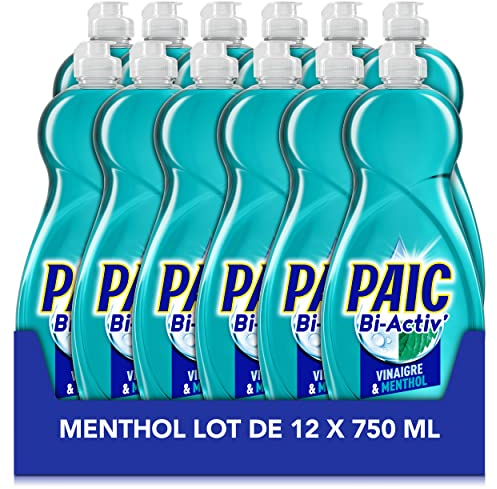 PAIC - Liquide Vaisselle Main BI-ACTIV' Vinaigre & Menthol - Nettoie - Dégraisse - Lot de 12 flacons de 750mL