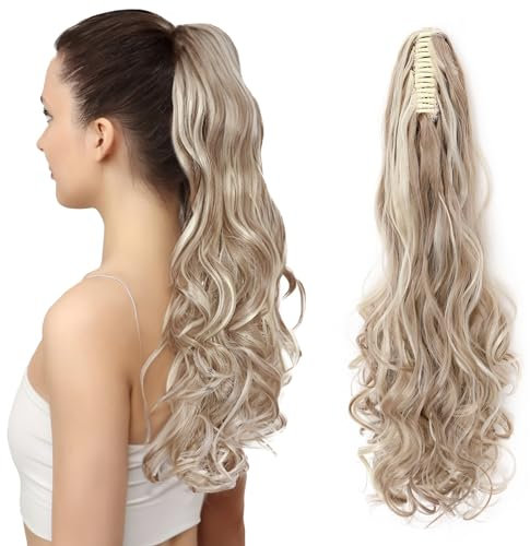 TESS Coleta Postiza Pelo, 60 cm Ondulado Postizos de Pelo Sintetico Aschblond Balayage Coleta Extensiones con Pinza para Mujeres