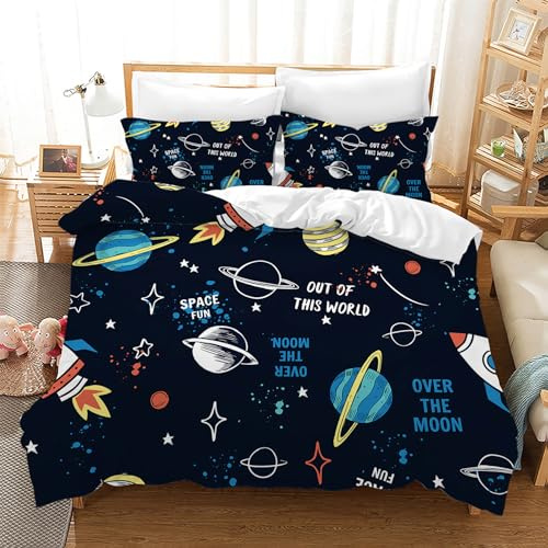 Leleyouzer Set Biancheria da Letto con Astronaute e Razzo, Motivo Spaziale Planetario con Nave Spaziale, Set Biancheria da Letto in Microfibra per Bambini con 2 Fodere per Cuscino 50 x 75cm