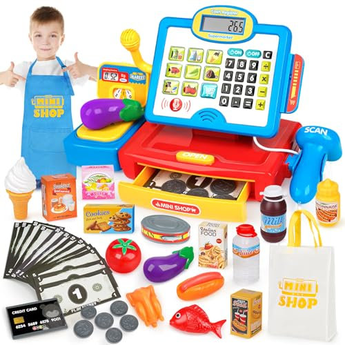 Dreamon Kasse Kinder Spielzeug, Spielkasse Kinderkasse Mit Scanner Und Sound Kaufladen Zubehör Rollenspiel Weihnachten Geschenk Jungen Mädchen 3 4 5 6 Jahren
