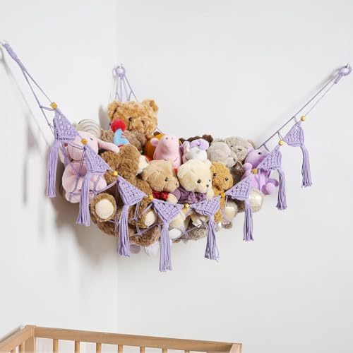 Amdermi Boho Nursery Stuffed Animal Net or Hammock Plush Toy Storage Net Kid's Playroom Hanging Organizer Stuffed Animal Display Plushes Holder for Teddy Net Corner Hanging Net Purple