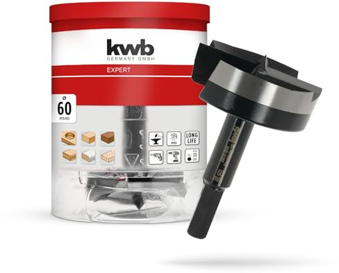 kwb Broca Forstner de 60 mm de diámetro (para madera, cabeza forjada, afilado especial, agujeros rápidos y sin desgarros, punta central rectificada en 4 lados, para destornilladores y taladros