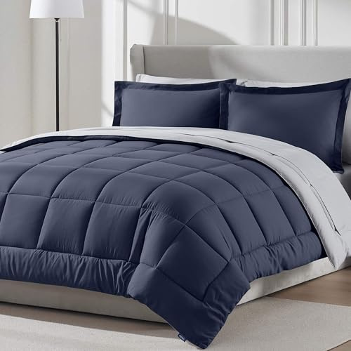 Nestl Queen täcke set 7 delar – vändbart täcke queen size marinblå, säng i en väska drottning hela säsongen, queen size täcke set sängkläder med platt lakan och dra-på-lakan, örngott och örngott