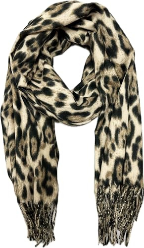 Sciarpa XXL leopardata invernale autunno sciarpa Stola panno transizione lana cotone con frange Leo, beige., 190 x 68 cm