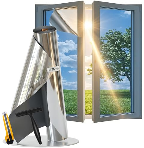 dzmelzu Pellicola a specchio per finestra anti raggi UV con kit di posa pellicola oscurante per finestra protezione della privacy per ufficio casa negozio (argento (nessun adesivo, 50 x 200 cm)