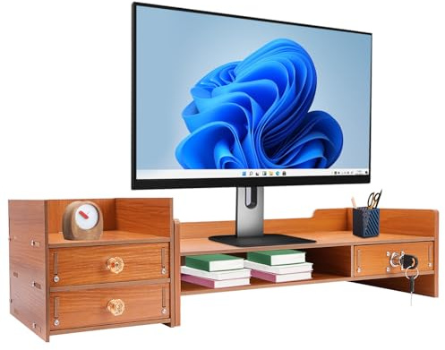 Suvnlsy Datormonitorstativ med lådor, trä monitorställ skrivbord organiserare hylla för PC bärbar dator, kontor eller hem, skärmstativ ergonomiskt för elever vuxna