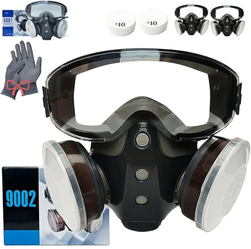 YINGLUHJ Dust Proof Integrated Respirator Mask with 10 Filters & Goggles, Full Face Respirator, Spray Paint Mask, Woodworking Masks (9002 2Pcs+20 Filters)