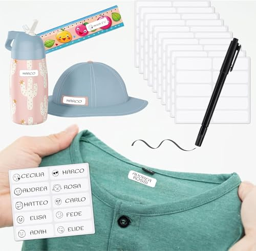 Etichette TermoAdesive per Vestiti Senza Ferro Da Stiro, Set 200 Etichette con Pennarello, Resistenti a Lavaggi 60°C e Asciugatrice, Personalizzabili, Ideali per Scuola e Bambini