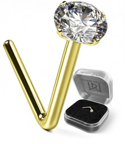 AZARIO LONDON 9K Solid Gold Nose Stud – L Shaped, Hypoallergenic, Tiny Dainty Nose Ring with Cubic Zirconia – Multiple Sizes (1.5mm–3mm), Gauges (18G–24G), Yellow/White/Rose Gold