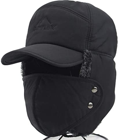 IPENNY Unisex Winter Warm Trapper Hat 3 in 1 Faux Fur Bomber Hat Earflap with Mask Full Face Protective Cover Windproof Trooper Hat Baseball Cap Snow Ski Cap for Cycling Camping Hiking Black