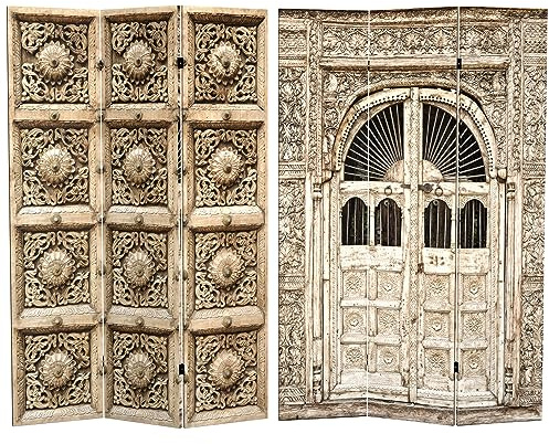 Red Lantern 6 ft. Tall Double Sided Stone Doorway Canvas Room Divider, Beige
