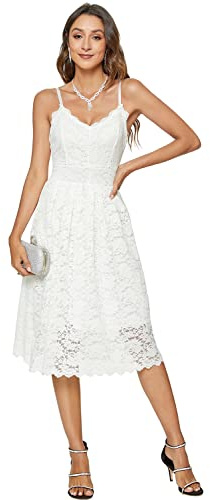 Riatobe Womens Lace Floral Overlay V Neck Sexy Sleeveless Cocktail Party Swing Wedding Dresses White