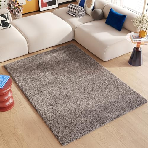 TAPISO Essence Teppich Hochflor Langflor Shaggy Dunkelgrau Taupe Rechteckig Super Weich Felloptik Schlafzimmer Wohnzimmer ÖKO-TEX 80 x 150 cm