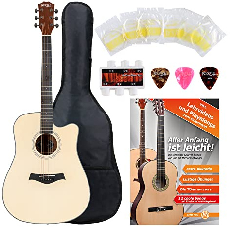 Rocktile WSD-101C NT Set Débutant Guitare Western - Corps Dreadnought Cutaway - Table Épicéa - Fond & éclisses Sapele - Manche Okoume - incl. housse, partitions, cordes & médiators - Naturel