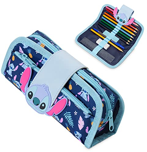 Disney Stitch Federmäppchen Kinder Gefüllt mit Abnehmbares Tasche Stifterolle mit Buntstife Kugelschreiber Radiergummi Federtasche Tragbare Schule Teenager Mädchen Geschenke