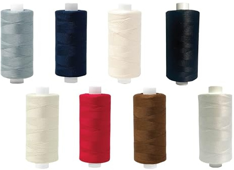 Korbond 8000m Multi Colour Thread Set - 8 x 1000m Spools Polyester Thread - Black, White, Navy, Red, Cream, Grey, Brown and Natural…
