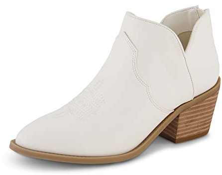 CUSHIONAIRE Rodeo Cowboy Boots for Women, Stylish Short Pointed Toe Western Ankle Boots with Low Block Heel and Back Zipper, WHITE 8.5