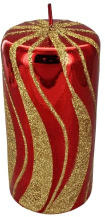 Red and Gold Spiral Glitter Glass Effect Reflecting Gloss Ball Pillar Candles: Festive and Glamorous Decorative Candles for Home Decor, Parties, and Special Occasions (Large Pillar)