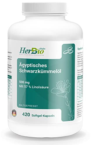 HerbBio ägyptisches Schwarzkümmelöl Kapseln 500mg 420 Softgel Kapseln - davon 57% Linolsäure - Premium kaltgepresst - 100% Rindergelatine Halal Zertifiziert - laborgeprüft - Black seed oil capsules