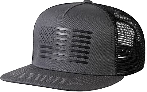 UALON Baseball Cap, Snapback Trucker Hat for Men & Women with American Flag and Adjustable, Breathable Mesh, Flat Bill Hats Dark Gray/Black