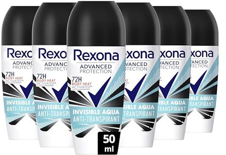 REXONA - Déodorant Femme Invisible Aqua - Bille Anti-transpirant - Advanced Protection - Parfum Frais et Floral - Protection 72h (lot de 6x50ml)