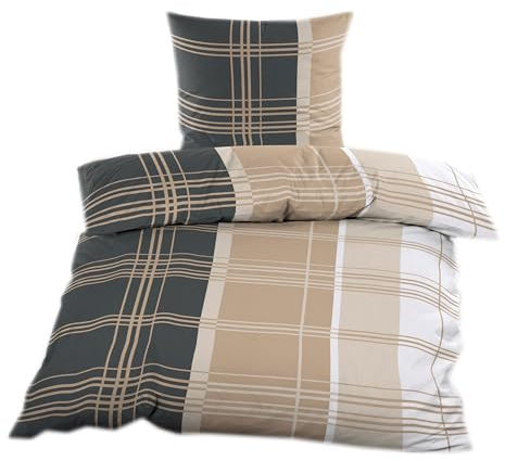 Biber Bettwäsche 135x200 cm | 2tlg. | Winter Garnitur | Baumwolle | mit Reißverschluss | Grau Beige kariert