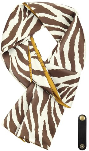 WANYING Sciarpa da uomo in seta sintetica Ascot sciarpa cravatta multifunzione sciarpa lunga con loop in pelle multiuso, 16 x 149 cm, motivo stampato marrone zebra, Marrone Zebra Pattern, 16 x 149 cm