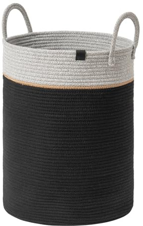 La Jolíe Muse Large Storage Basket - Cotton Rope Laundry Basket with Handle for Diaper Blanket Toy Towel Woven Laundry Basket Home Decor, Pewter Black-L