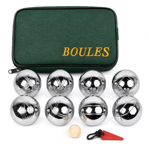 DUAS 8 French Ball Stainless Steel Chrome Boules Set - Petanque Outdoor Game with Wooden Jack & Carry Case for Garden, Beach, Camping