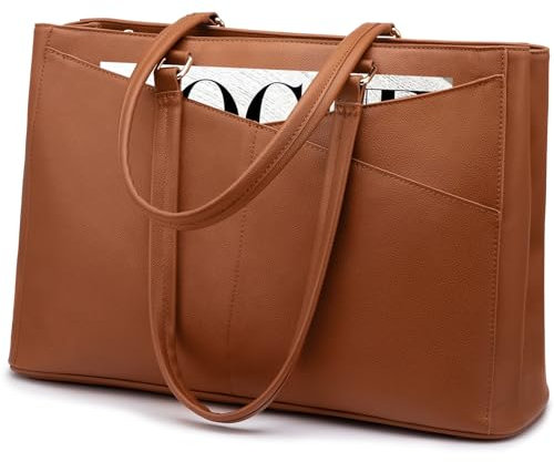 LOVEVOOK Laptop Bags for Women 15.6inch, Ladies Handbags Tote Bag PU Leather for Work Office Business School, Large Womens Hand Bag with Laptop Compartments, Brown