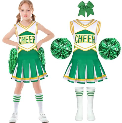 PIXUYE Costume da Cheerleader Vestito Cheerleader Bambina Vestiti Carnevale Bambina con Pon Pon Cheerleader Carnevale o Evento Sportivo Fancy Dress Up per Bambini
