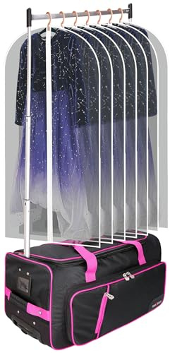 Dance Bag With Garment Rack,23inch Dance Competition Garment Bags with Clothes rack,Suitcase,Rolling duffle For Travel, Wheeled Drop-Bottom Upright Luggage Closet Suitcase (Pink