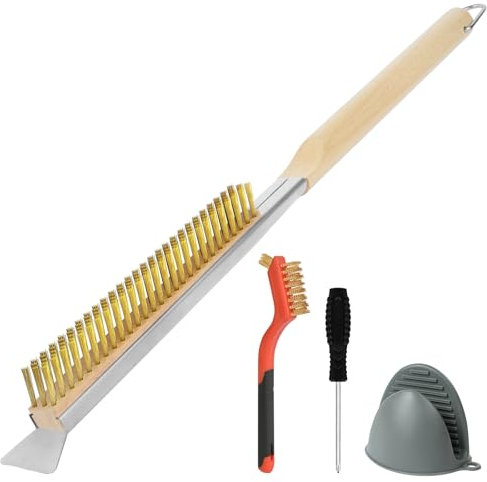 OFFCUP Brosse Four à Pizza, 56cm Brosse Nettoyage Four à Pizza avec Manche Long en Bois Grattoir et Pince Anti-brûlure, Brosse en Inoxydable Pierre Pizza Outil Nettoyage pour Barbecue Cuisine