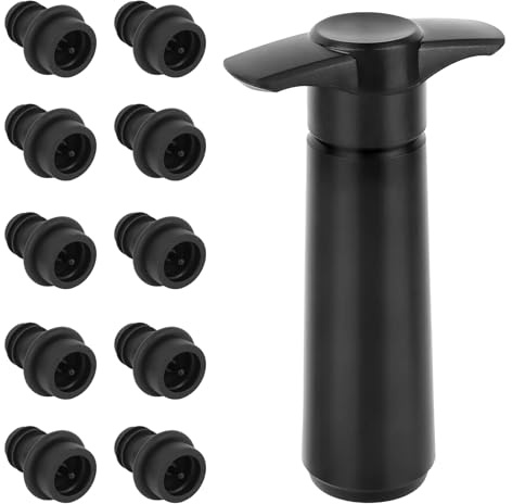 KILDOWS Pompe à vide pour vin avec 10 bouchons de vin, bouchon à vin, pompe à vide, pompe à vin, bouchon réutilisable, noir