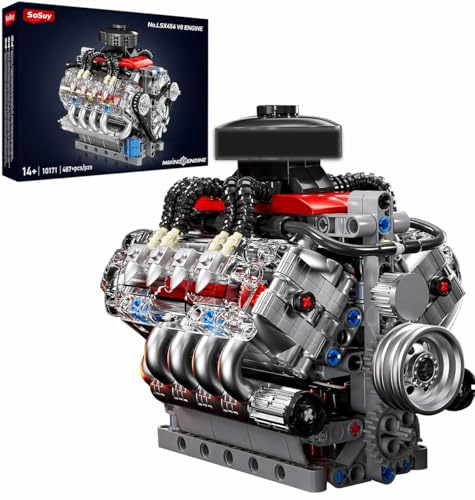 Sosuy V8 Engine Sets de Blocs de Construction, Modèle de Moteur Fonctionnel, 487+PCS Kit de Mécanique à Afficher pour les Collectionneurs, Jouets STEM pour Voitures pour Garçons, Cadeau d'Anniversaire