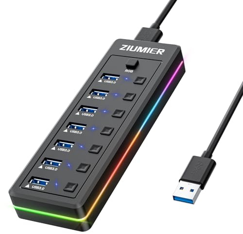 USB-hubb med RGB LED-remsa, USB-splitter med 7 portar för PC, spel