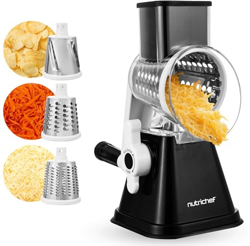 NutriChef Mandolina per Verdure 3 in 1 e Grattugia Formaggio per Cucina, Affetta Verdure con 3 Lame Intercambiabili, Base a Ventosa e Manovella con Blocco Sicurezza, Accessori Cucina, Nera