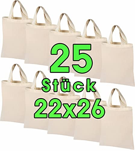 25 STÜCK Baumwolltasche 22x26 cm klein – Jutebeutel – Natur Apothekertasche, Tragetasche, Beutel, Geschenktasche ÖKO-TEX® zertifiziert Stofftasche unbedruckt, für Medikamente zum bemalen und bedrucken
