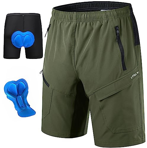 Men's Mountain Bike Shorts 3D Padded Baggy Bicycle Riding Cycling Shorts Quick Dry Lightweight Biking Shorts(Green S)