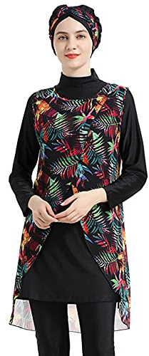 nadamuSun Costumi da Bagno Musulmani per Donna Costumi da Bagno Floreali modesti Costumi da Bagno islamici Hijab Burkini Costumi da Bagno Tankini (Black, L)
