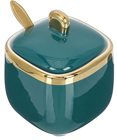 HEMOTON Porcelain Sugar Bowl, Ceramic Sugar Bowl with Lid, with Spoon and Lid, Sugar Canister, Coffee Bar Accessories, Suit for Coffee Bar, Restaurant, Green